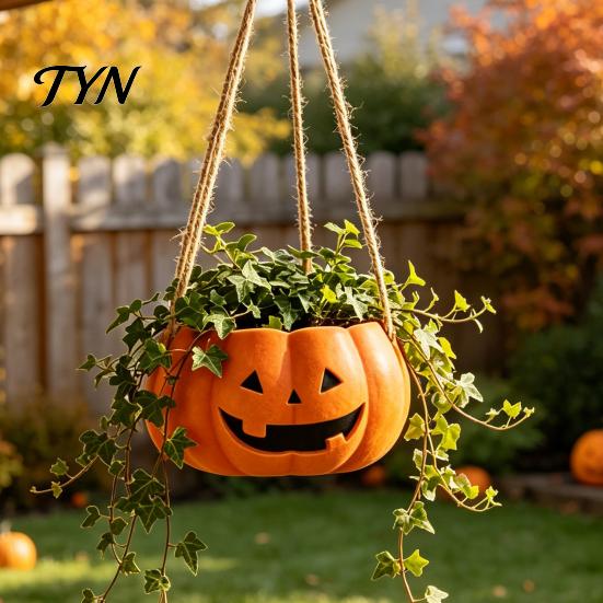 Durable Resin Planter Pumpkin Shaped Hanging Plant Pot, 4.3 Inch Lightweight Flower Adjustable Modern Aesthetic Room Accents Rope Mini Pots for Indoor