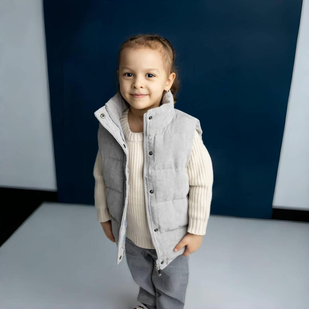 Kinder Cord Steppweste mit Stehkragen, Leichte ärmellose Oberbekleidung für Frühling Herbst, Alter 1–9, Rosa Grau Weiß