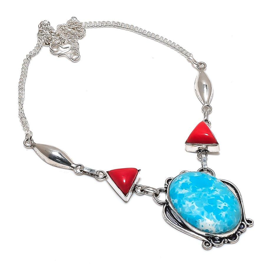

Natural Larimar, Coral Gemstone 925 Sterling Silver Jewelry Necklace 18 h5g16