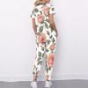 Women Plus Size Rose Printed Nurse Scrub Set V Neck Short Sleeve Pocket Top Long Pants