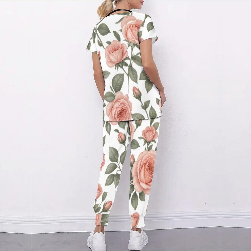 Women Plus Size Rose Printed Nurse Scrub Set V Neck Short Sleeve Pocket Top Long Pants