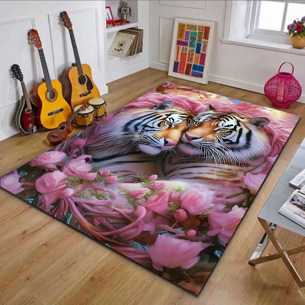 "Romantic Tigers with Pink Blossoms" Patterned Carpet, Non Slip Mat Suitable for Living Room and Bedroom Sofas