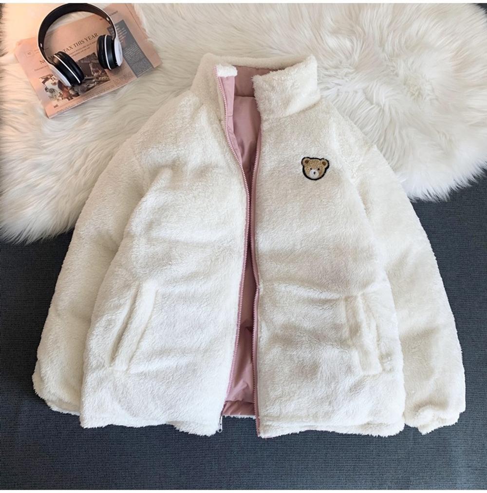 Zimowy haftowany płaszcz parkowy Casual śliczny koreański styl dwustronny projekt gruba luźna ciepła kurtka damska zapinana na zamek