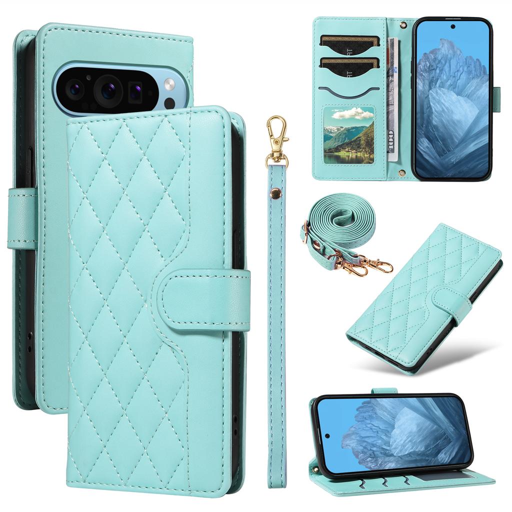 For Google Pixel 10 Pro/10/9 Pro/9 Case Wallet Rhombus Leather Phone Cover with Shoulder Strap,Wrist Strap