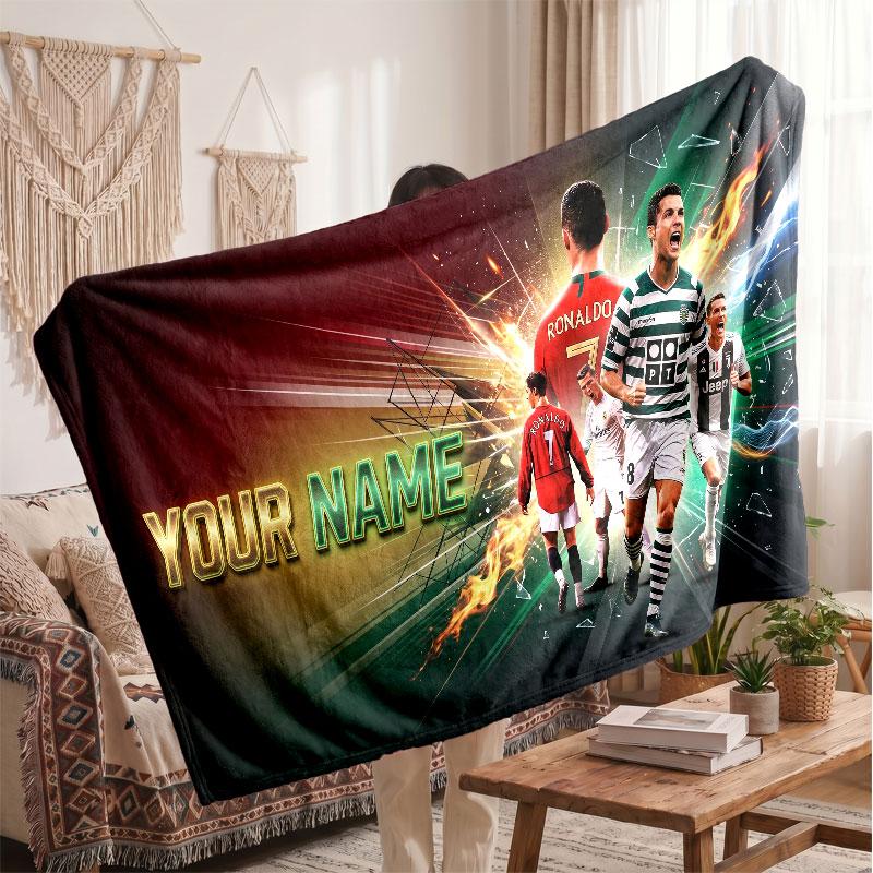 Couverture polaire personnalisée Cristiano Ronaldo avec logo de football, texte de nom personnalisé, couverture d'appoint douce et chaude pour la maison