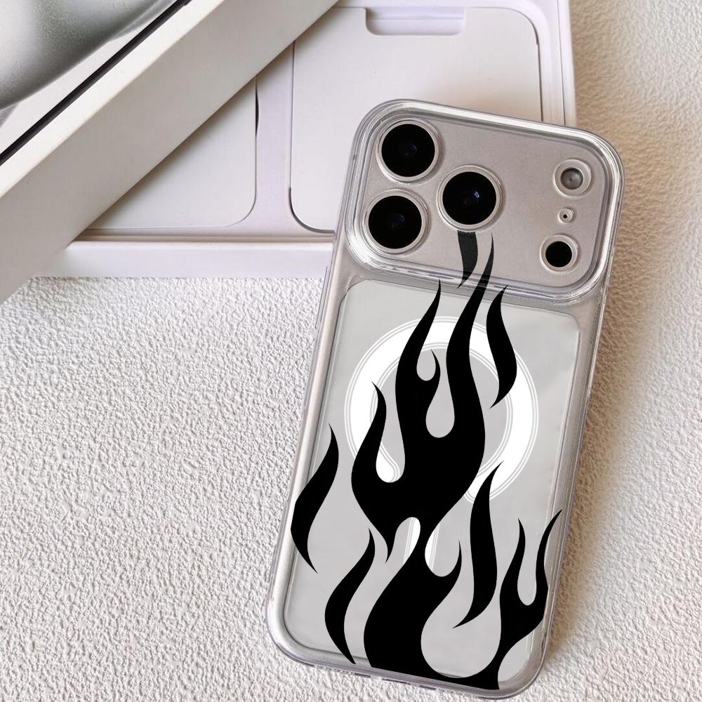 Black Flame Phone Case For iPhone 17 16 15 14 13 12 Pro Max Plus With Magnetic Crystal Clear Case Wireless Charge