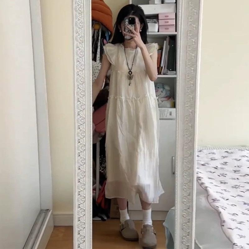 Summer New French Coffee Break Round Neck Small Flying Sleeve Dress Women's Niche Fresh Age Reduction Loose and Thin Vest Skirt