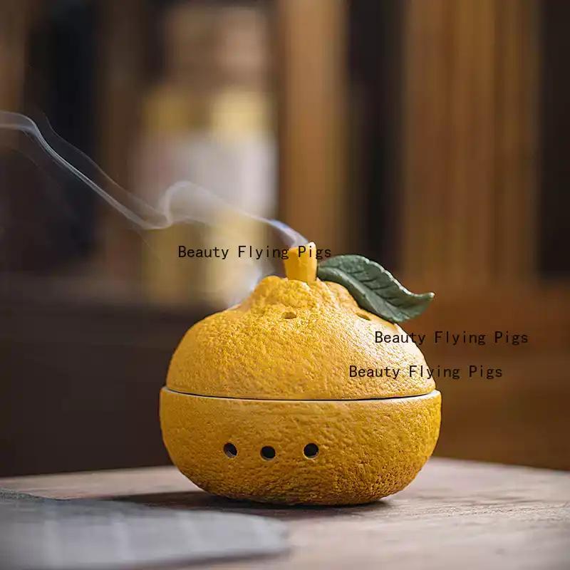 1pc Ceramic Incense Burner, Orange/Persimmon/Durian Shaped Incense Burner, Temple Sacrificial Supplies Feng Shui Accessories