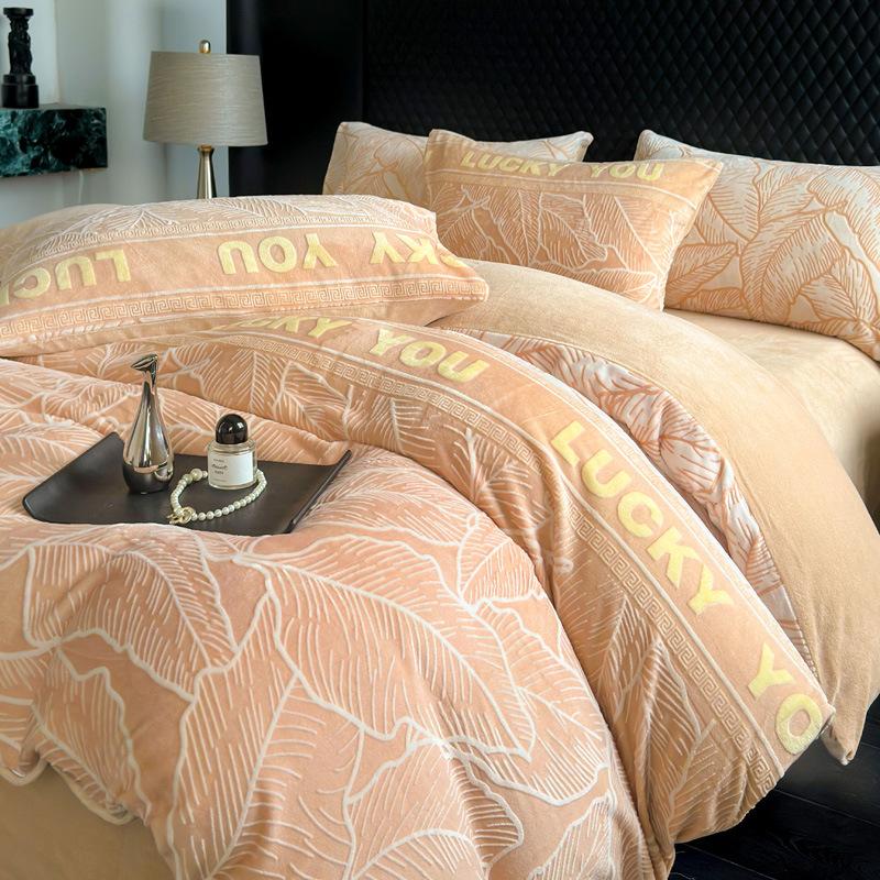 Milk Fleece Four-piece Set, Thickened Carved Fleece, Bed Sheet Quilt Cover, Bed Three-piece Set
