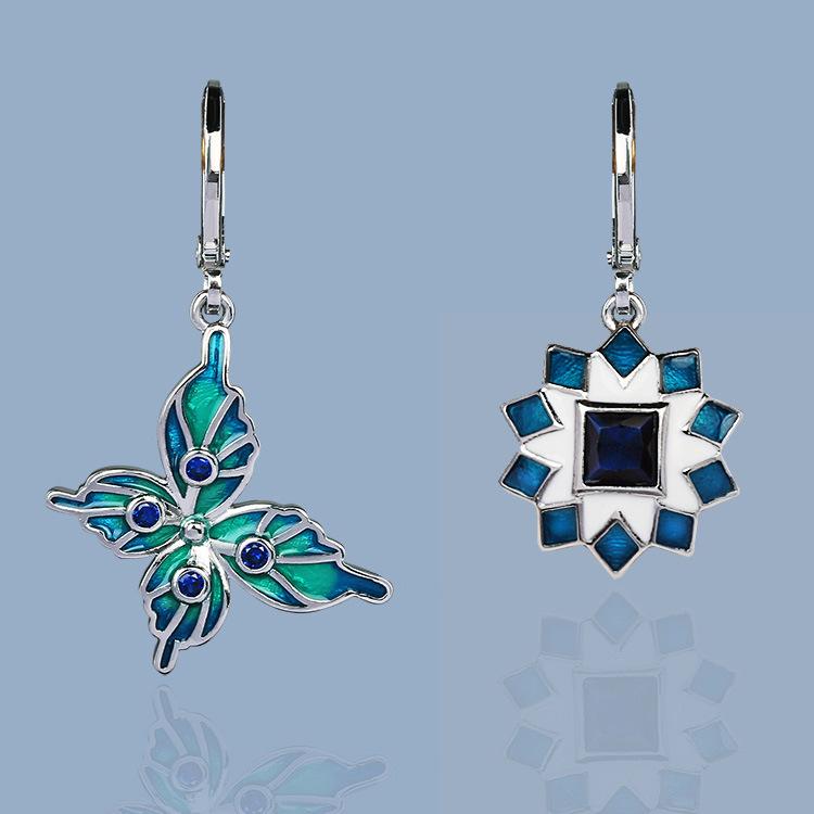 Creative Geometric Asymmetric Butterfly Lady Earrings Sapphire Flower Mosaic Enamel Earrings
