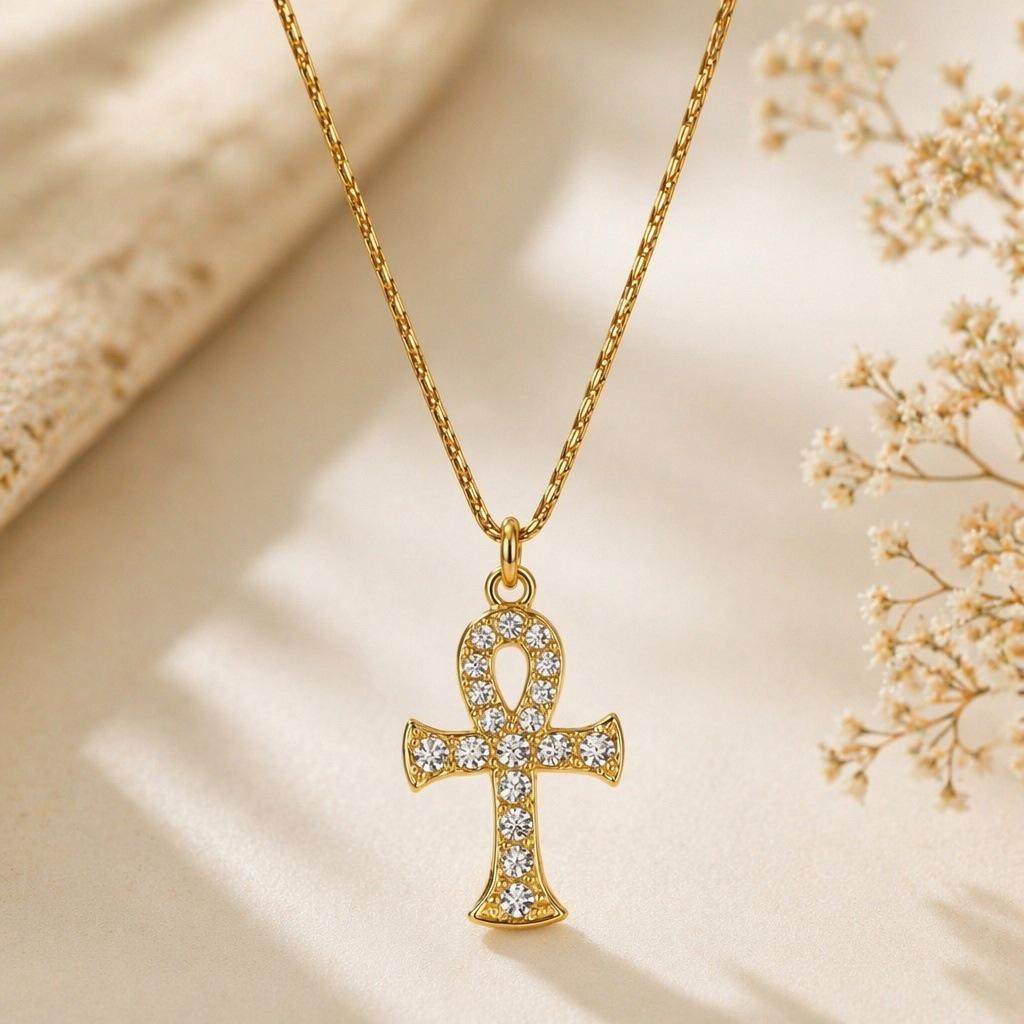 18K Gold-Plated Stainless Steel Zircon Cross Pendant Necklace for Women - Versatile and Fashionable Clavicle Chain Jewelry