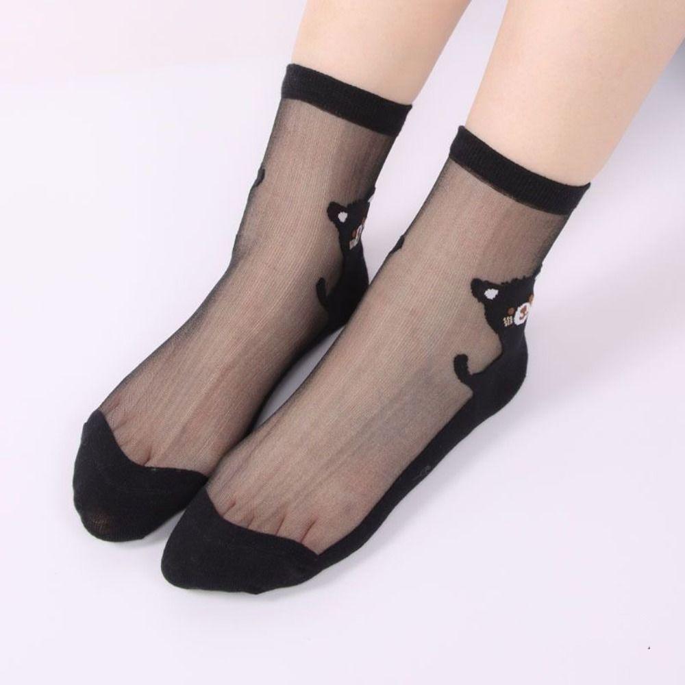 5Pairs Transparent Cat Crystal Silk Sock Non-Slip Breathable Nylon Ultra-thin Socks All-match Short Ankle Tube Socks for Women