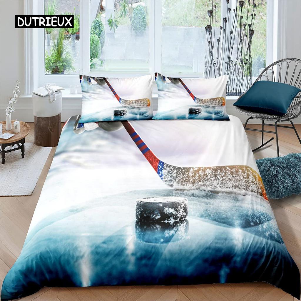 Ice Hockey Duvet Cover Set Boys Puck King Size Sports Games Theme Bedding Set for Kids Youth Adult Men Winter Match Quilt Cover