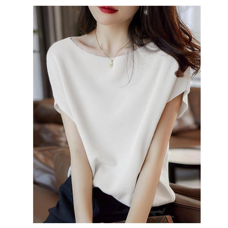Summer Japanese and Korean Solid Color All-match Knitwear Women's Short-sleeved T-shirt Thin Loose Bat-sleeved Western Style Top
