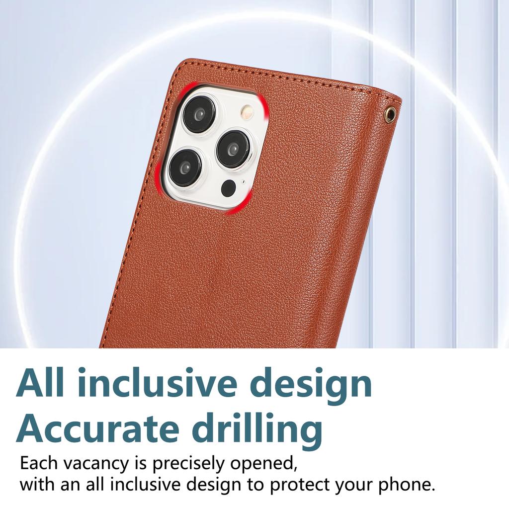 For iPhone 16 Pro Case Multi Card Slots Zipper Leather Phone Cover with Wrist Strap