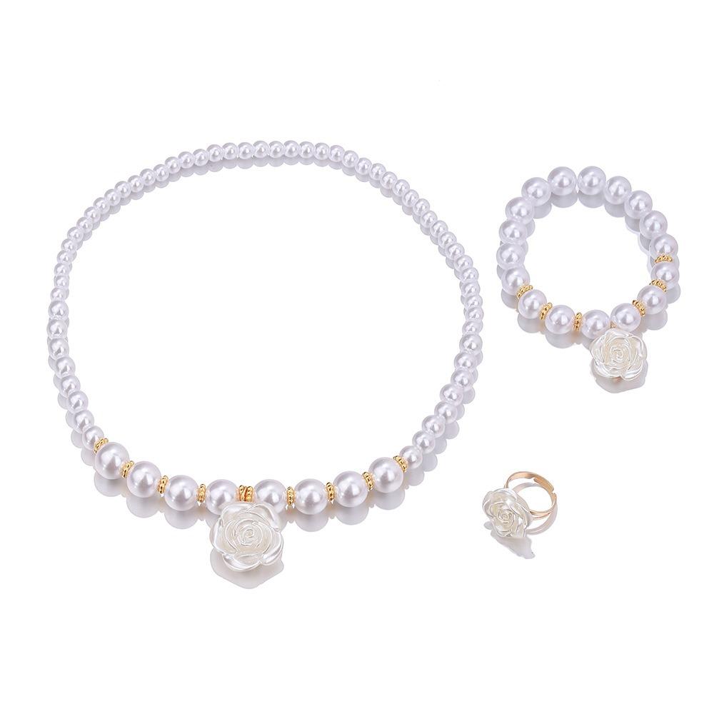 Flower Acrylic Camellia Jewelry Set Imitation Pearl Necklace Bracelet Ring Party three-piece set