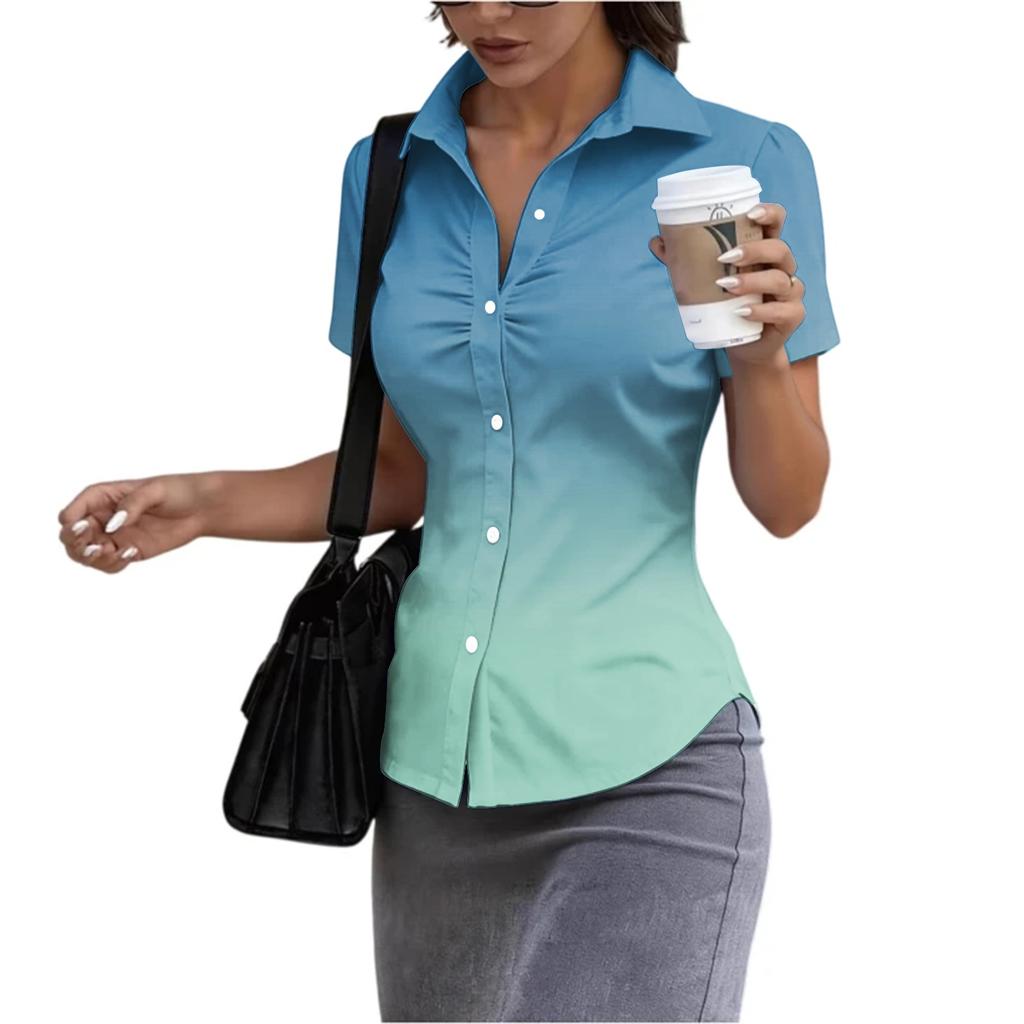 Women's Short Sleeve Button Down Shirt Slim Fit Collared Business Casual Office Blouse Tailored Top for Summer Workwear