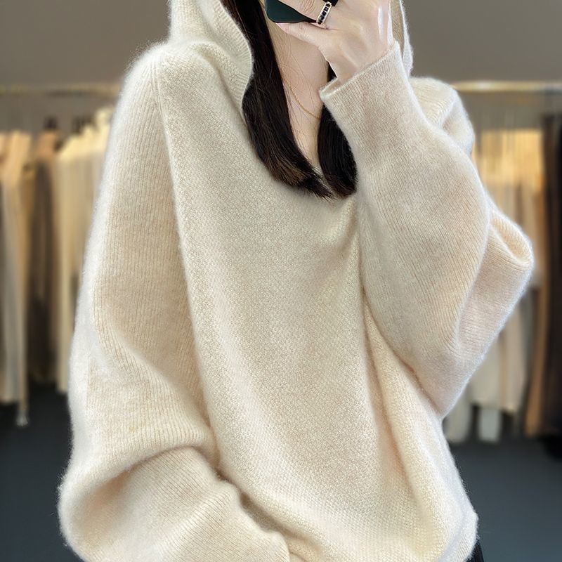 Autumn and Winter Knitted Sweaters Hoodies Women's Hooded Knitted Sweaters Loose and Warm V-neck Pullovers for Women