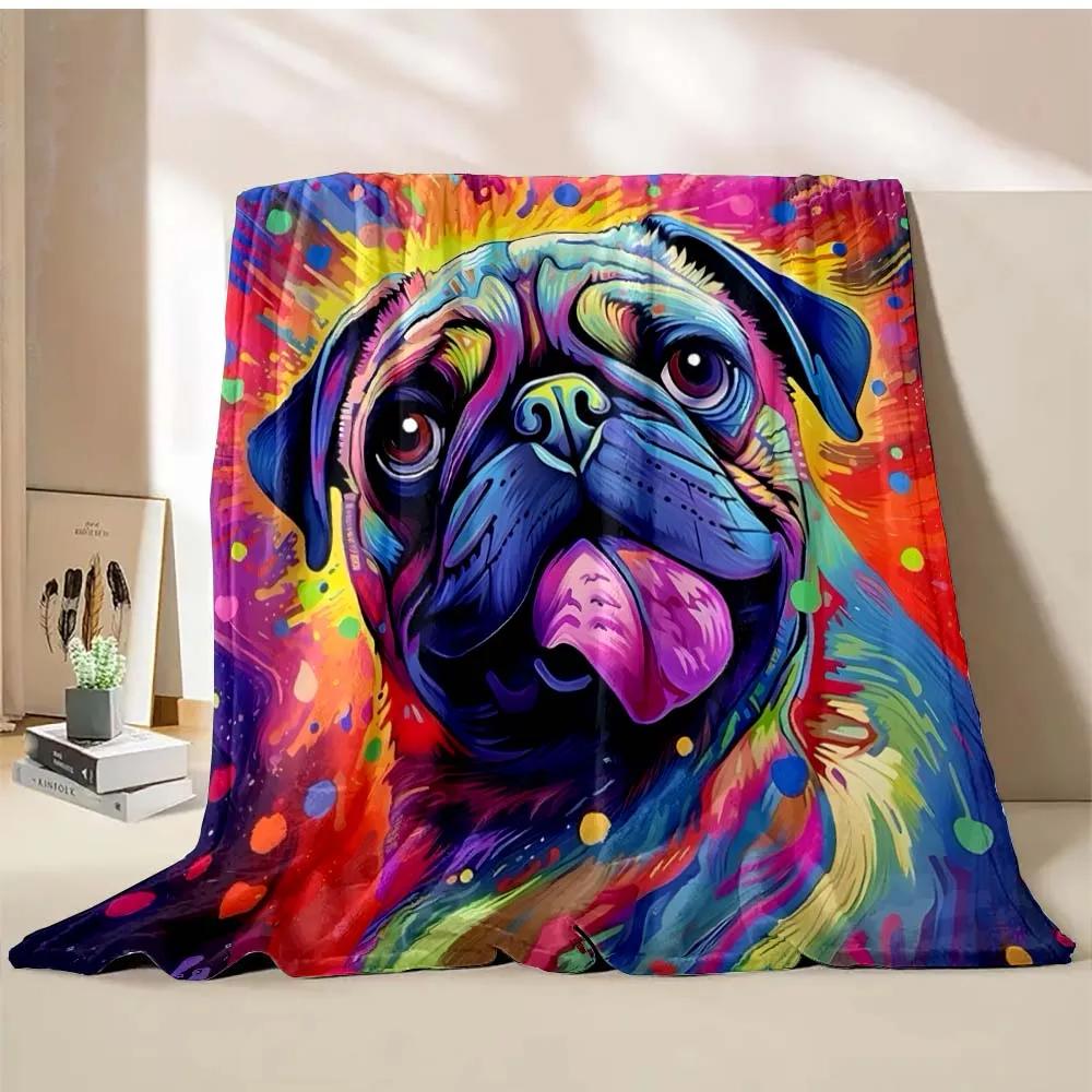 Cute Pet Dog Pug Print Throw Blanket Soft Cozy Flannel Blanket Lightweight Warm Bed Blanket for Couch Sofa Camping Office Travel