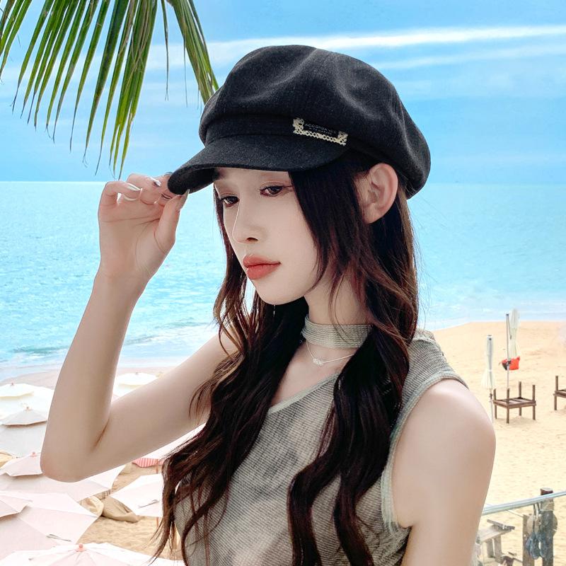 

Летняя шляпа женская качественная праздничный стиль восьмиугольная шляпа летняя для маленького лица тонкая шляпа газетчика One Size