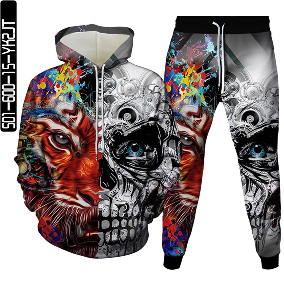 Conjuntos de chándal para hombre Hip Hop Punk Skull Fire Sudaderas con capucha impresas en 3D Pantalones para correr Traje de alta calidad para mujer Ropa de calle Tallas grandes S-6XL