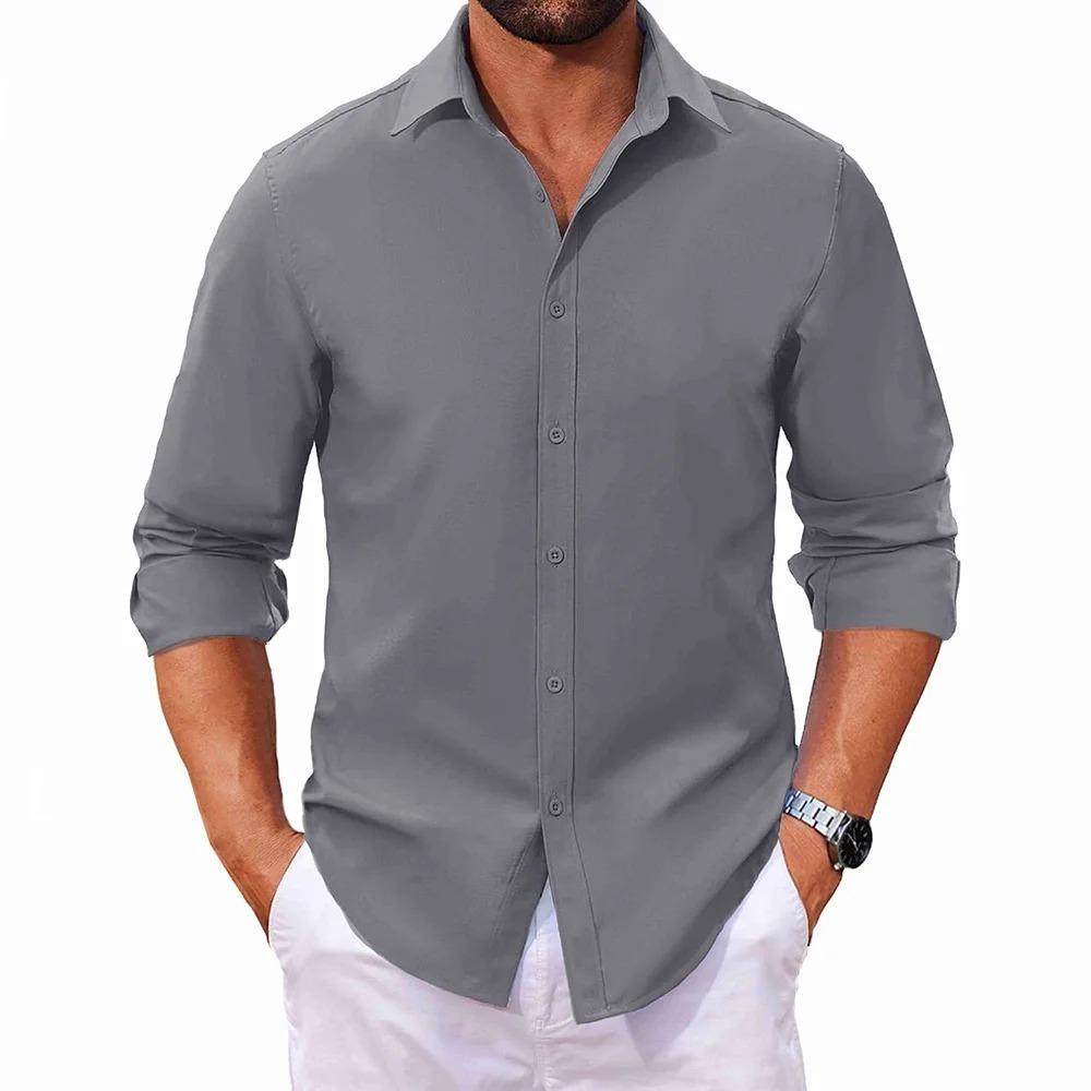 Spring Autumn Men's Shirt Long Sleeve Solid Color Casual Tops Lightweight Breathable Lapel Collar Vacation Cozy Shirts