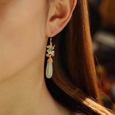 Original New Ancient Gold Craftsmanship Natural Hetian Jade Drop Earrings Chinese Style Retro Charm Ladies Brand  Jewelry