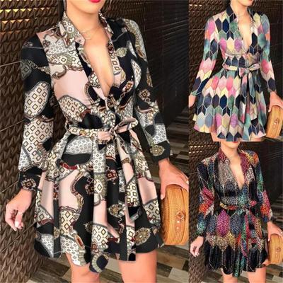 Summer New Women's Long Sleeve V-Neck Tied Fashionable Sexy Printed Dress