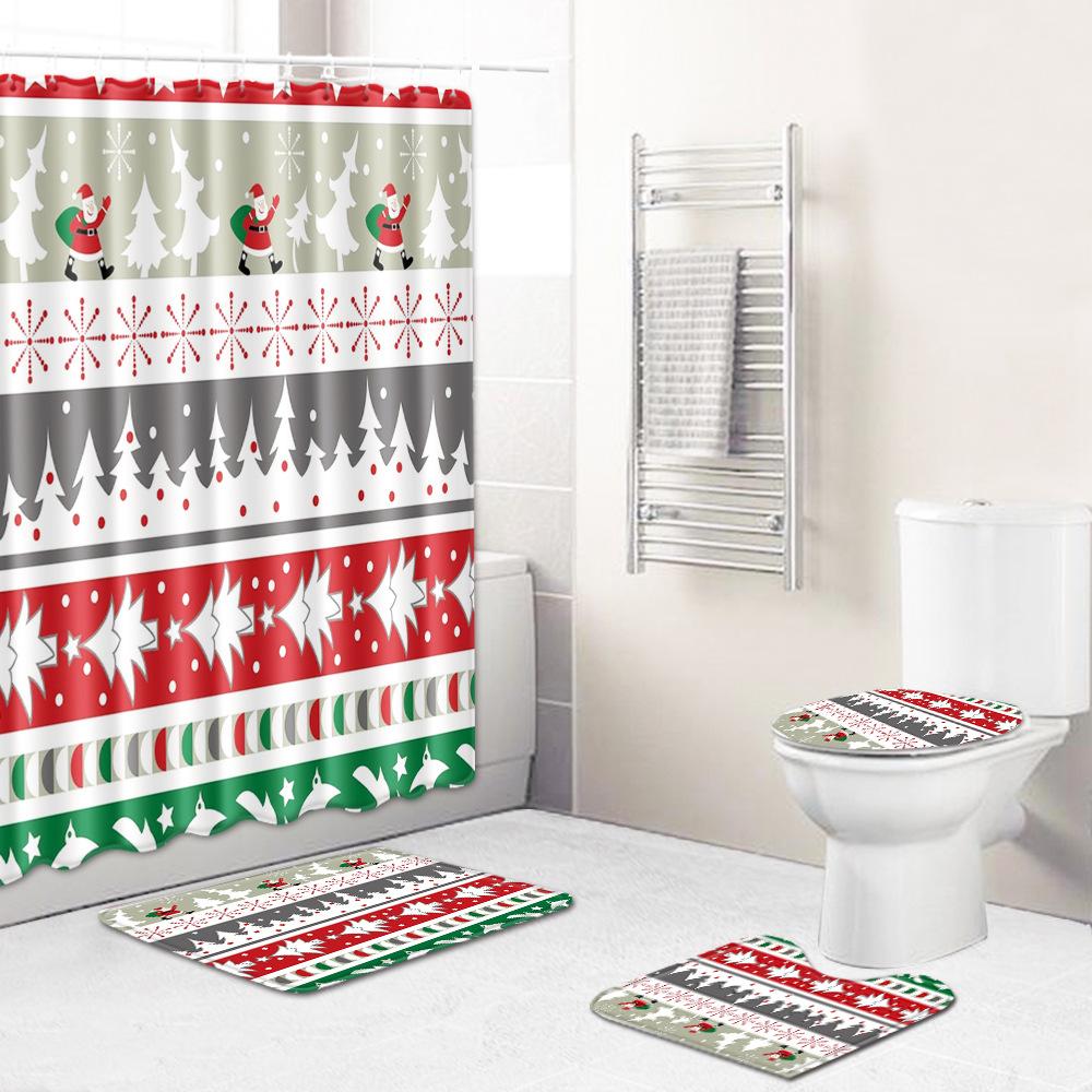 3D Digital Printing Christmas Waterproof Shower Curtain Four-Piece Bathroom Non-Slip Door Mat Toilet Absorbent Floor Mat Carpet