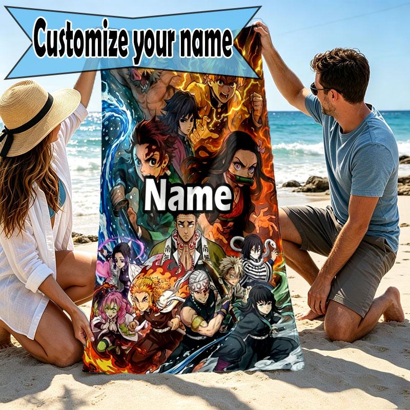 Personalisierbares Strandtuch mit Demon Slayer Aufdruck und individuellem Namen, für Reise, Camping, Strandparty, Heimdekoration, Geburtstagsgeschenk für Familie & Freunde