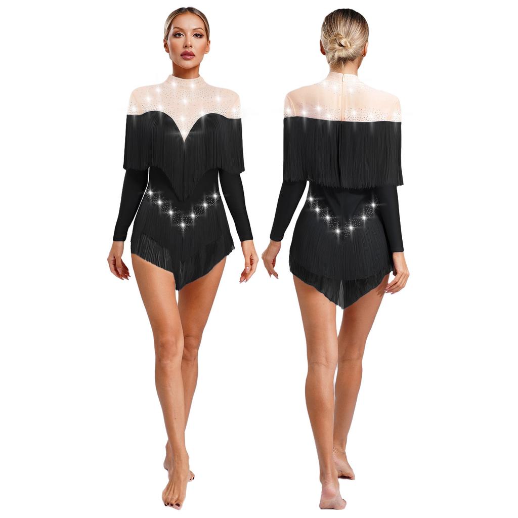 Stage Dance Bodysuit for Women - Latin Style with Tassels, Shiny Rhinestones & Sheer Mesh Long Sleeve Design