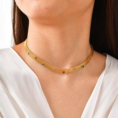 Wide-Faced Stainless Steel Mesh Chain Colored Zircon Gold Necklace Ladies 2381