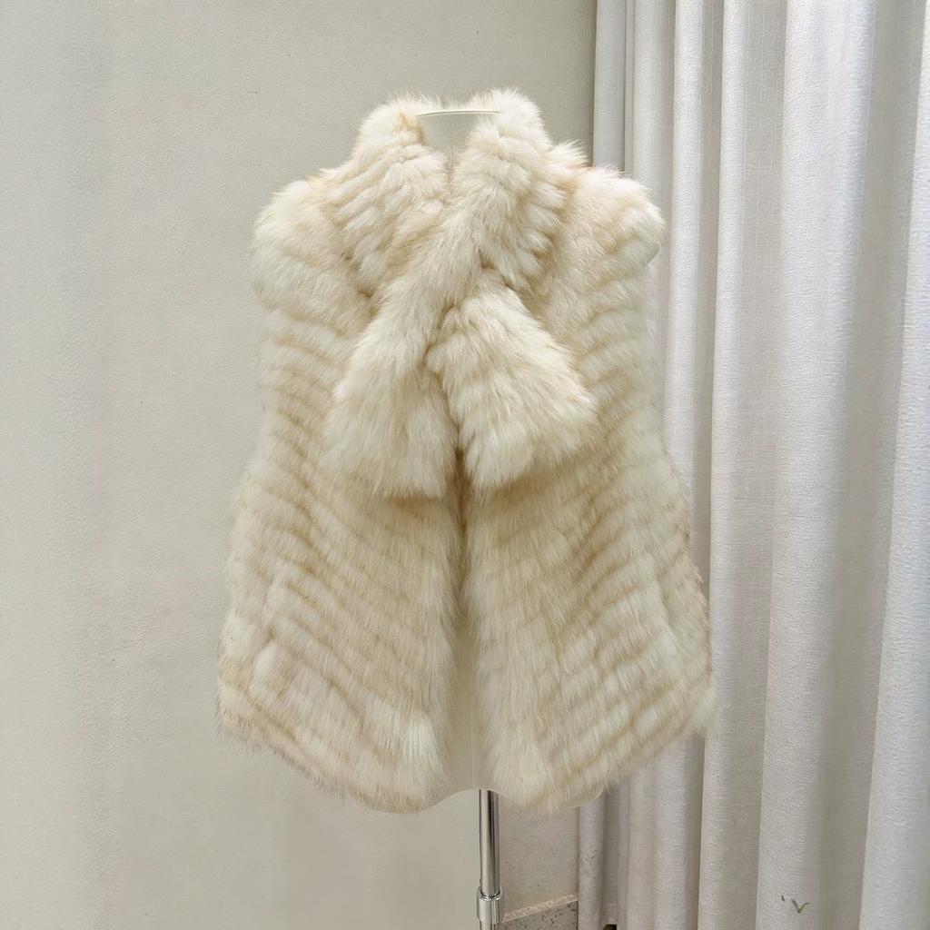 Autumn and winter new two wear fox hair encrypted strips short vest vest young fashion fur coat women