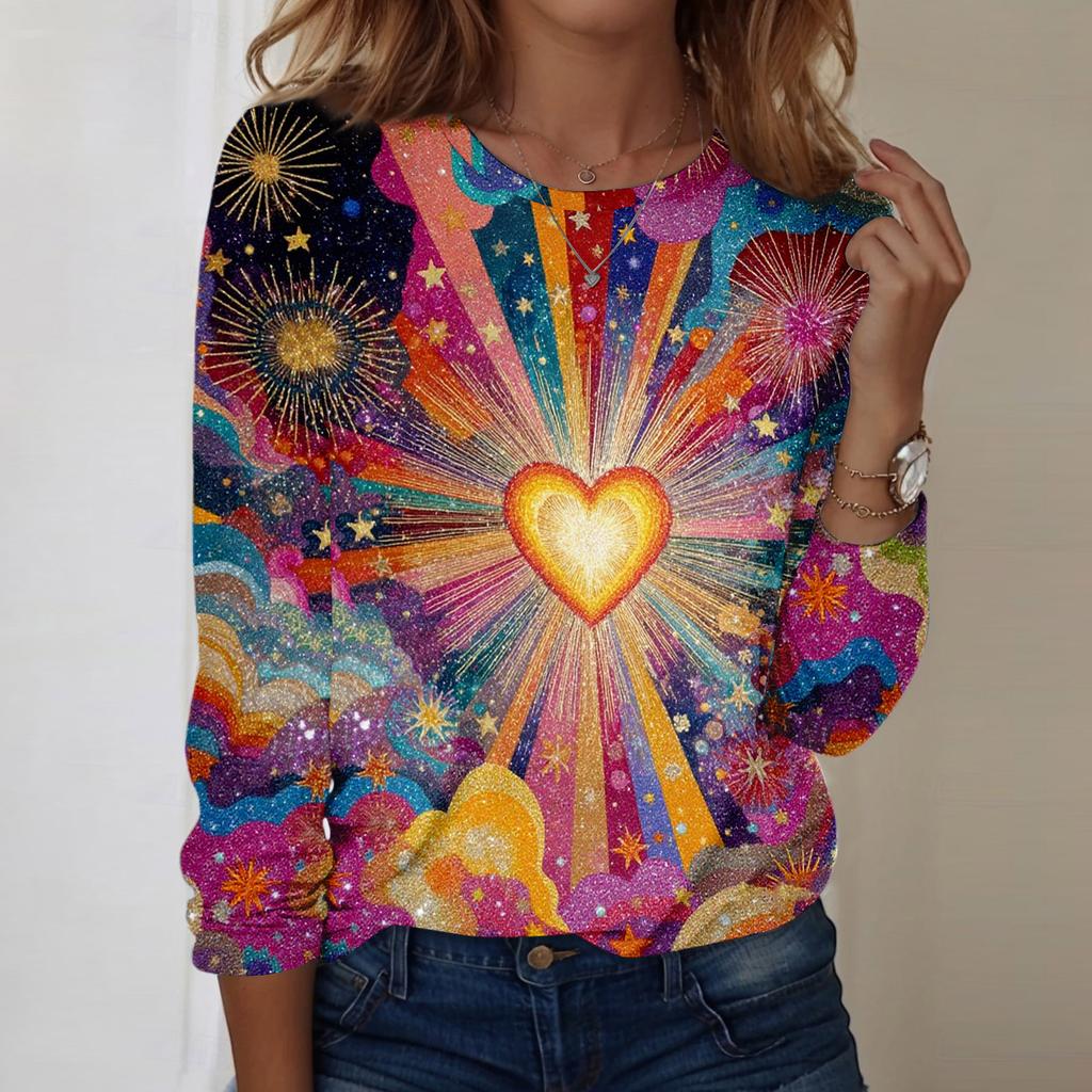 Damski casualowy top z długim rękawem, z nadrukiem walentynkowym, z okrągłym dekoltem