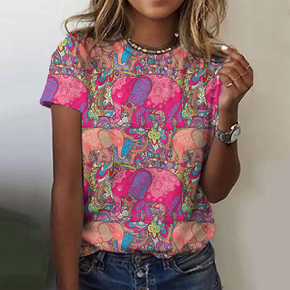 Female ethnic elephant 3D printed T-shirt, retro animal printed T-shirt, round neck casual summer T-shirt, loose short sleeved T-shirt