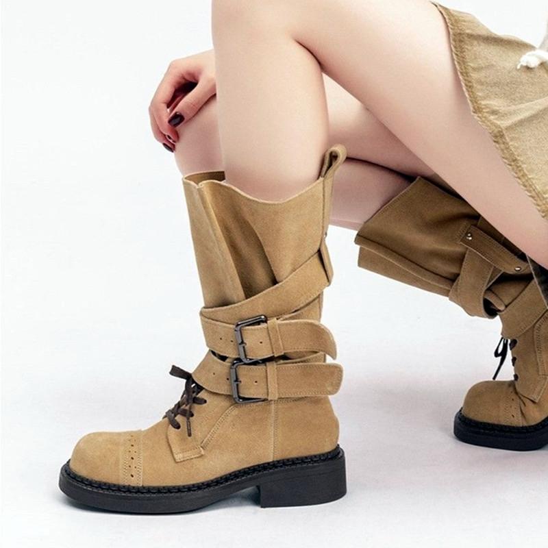 Fashion Luxury Faux Suede Mid-calf Motorcycle Boots Women Fashions Belt Buckle Design Chunky Platform Boots Western Cowboy Botas Mujer