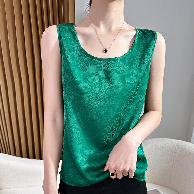 Acetate Satin Round Neck Printed Vest for Women In Summer Simple Smooth and Versatile Sleeveless Suspender Soft and Comfortable Top