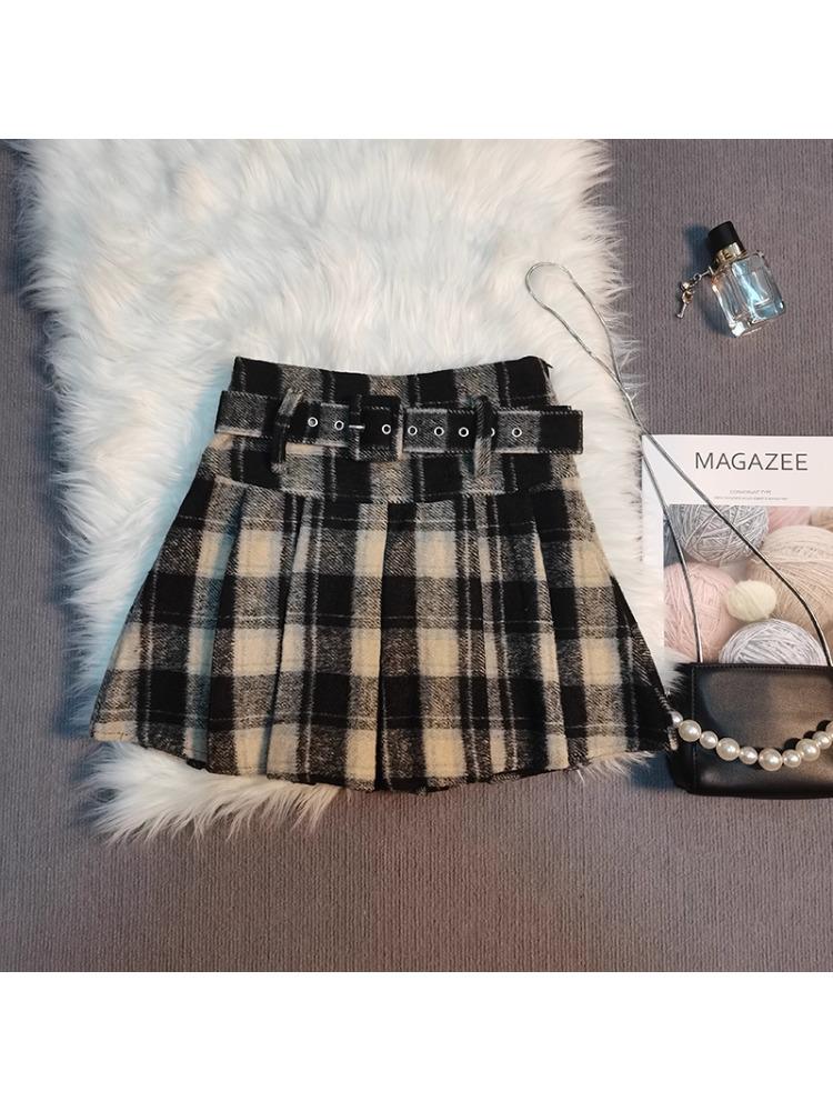 High-Waisted Plaid Woolen Pleated Skirt - Women's A-Line Autumn/Winter 2025 Academy Style