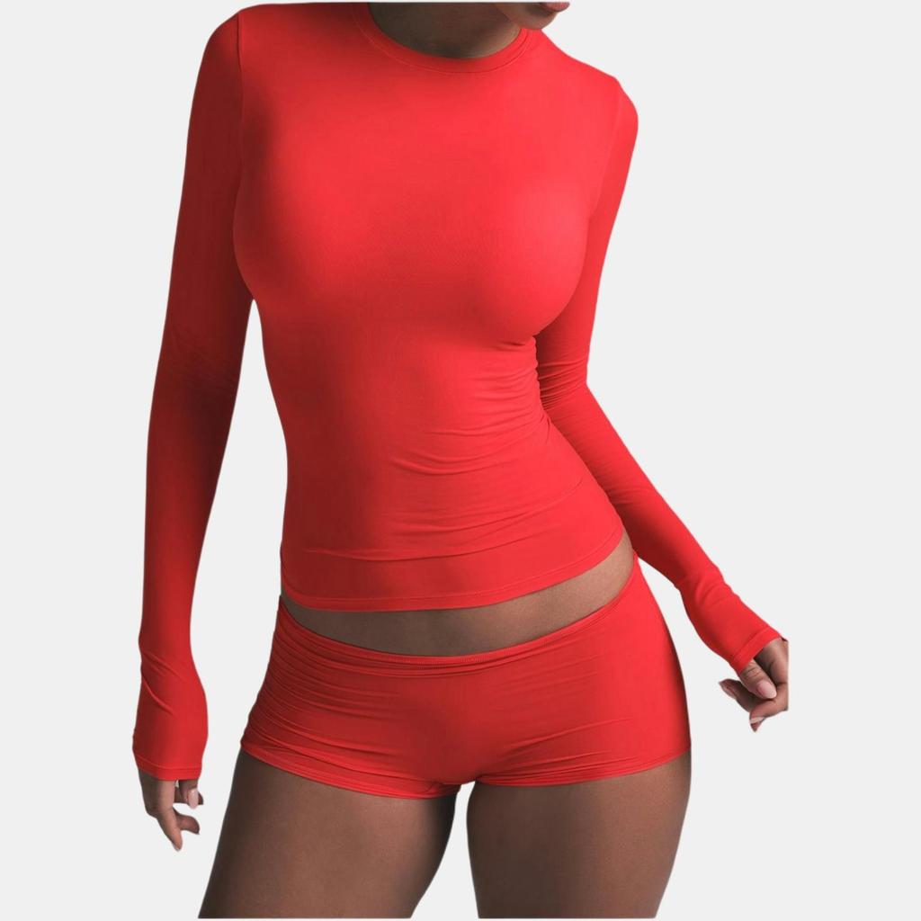 SKIMS Solid Color Fitted Long Sleeve T-Shirt Women tops Red TPLST9049CHY