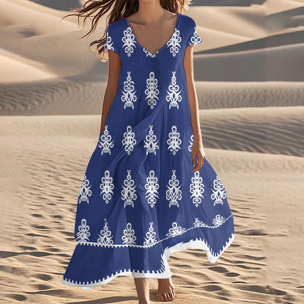 Women's Summer Fashion V-Neck Beach Long Short Sleeve Striped Geometric Print Dresses
