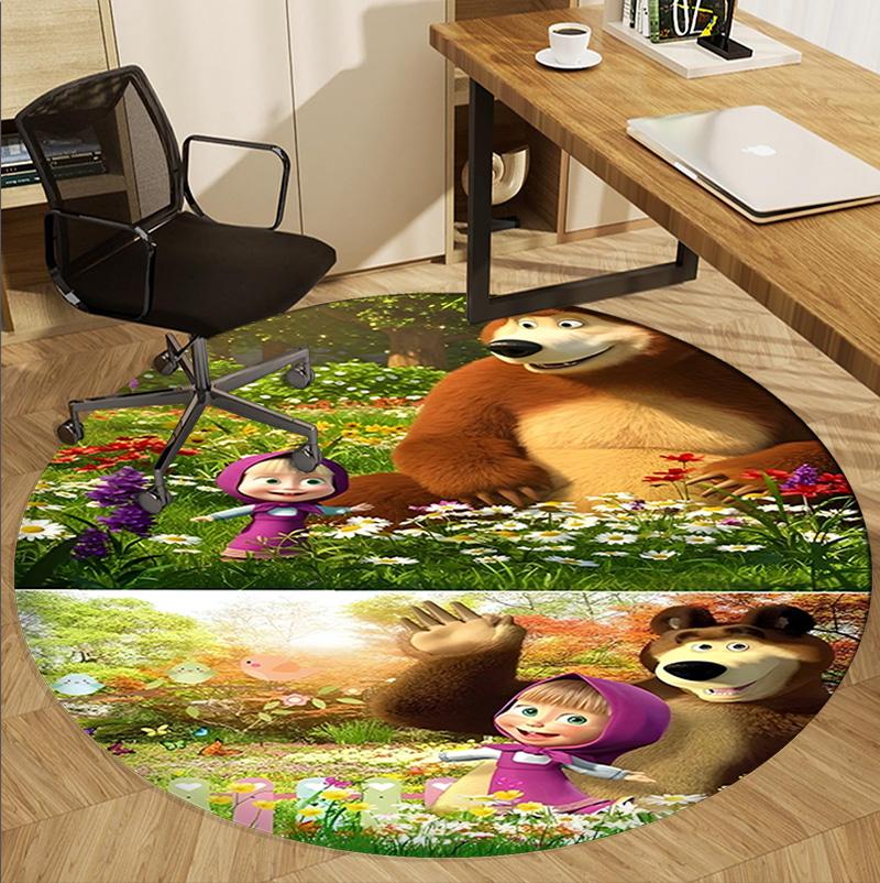 Masha and The Bear Pattern Round Rug, Indoor/Outdoor Mat, for Picnic, Gameroom, Bedroom, Office, Living Room, Home Decor Carpet, Birthday Gift