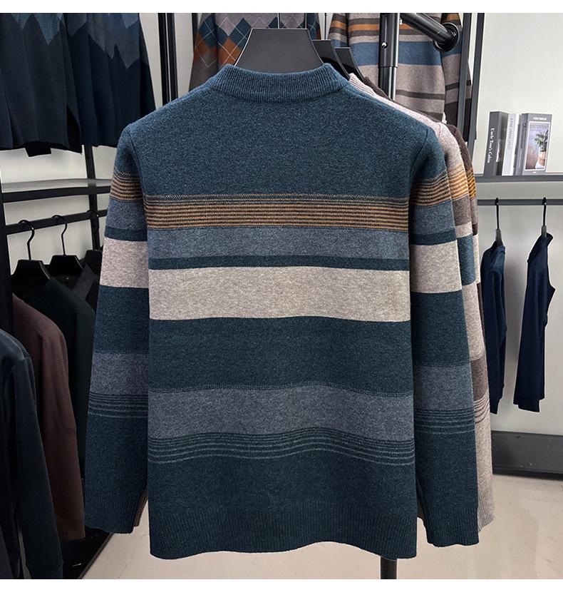 Men's Autumn/Winter 2025 Striped Knit Sweater - Middle-aged, Round Neck, Loose Fit, Elastic, Dad's Wardrobe Essential