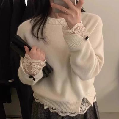 New Winter Autumn Women Long Sleeve Sweet Sweater O-neck Warm Fashion Elegant Loose Lace Knitted Top White Casual Pullover Knitwear