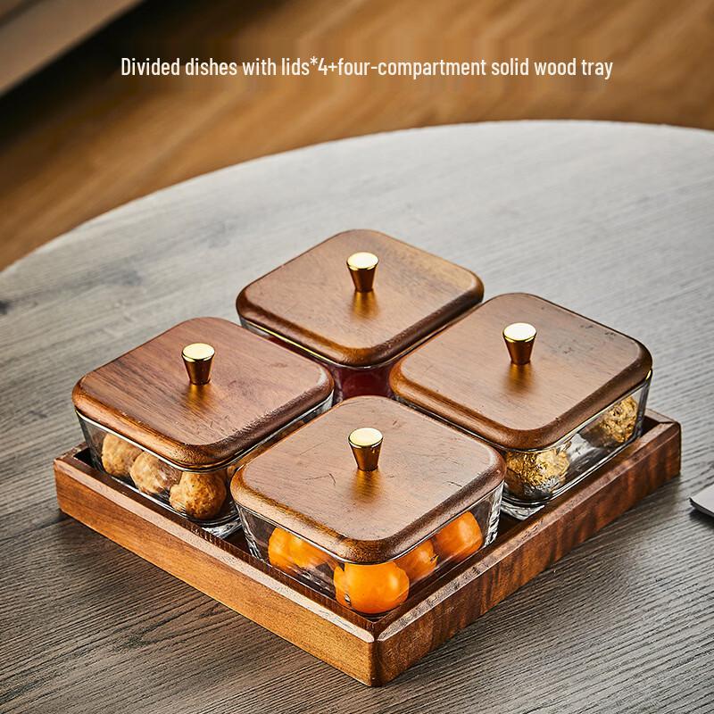 Luxury Glass Compartment Snack Tray with Walnut Wood Base
