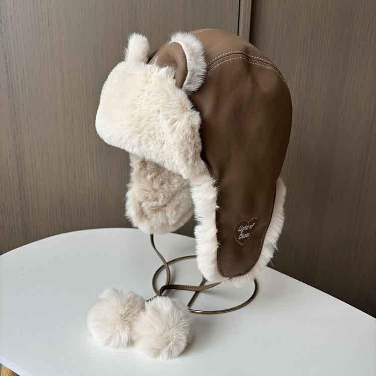 Cute Brown Leather Bear Ears Lei Feng Hat Women's Winter Warm Ear Protection Flying Hat Versatile Velvet Ski Hat