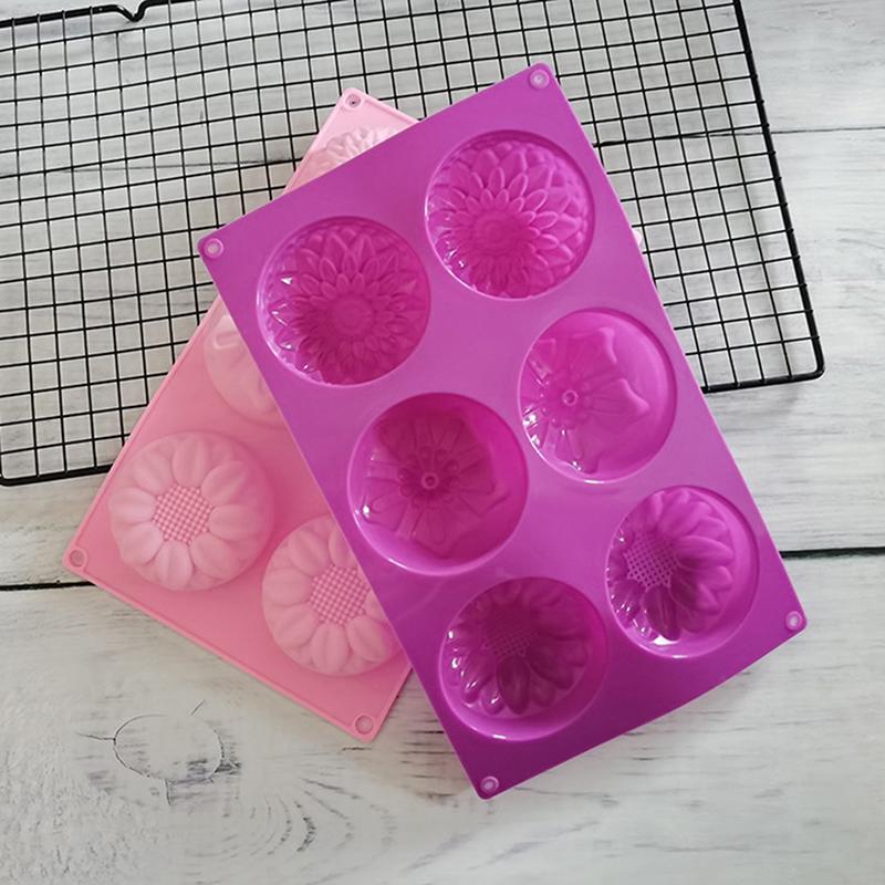 1Pc Silicone Chocolate Mold 6 Cavity 3 Different Flowers and Plants Shape DIY Handmade Soap Sunflower Moon Cake Mold