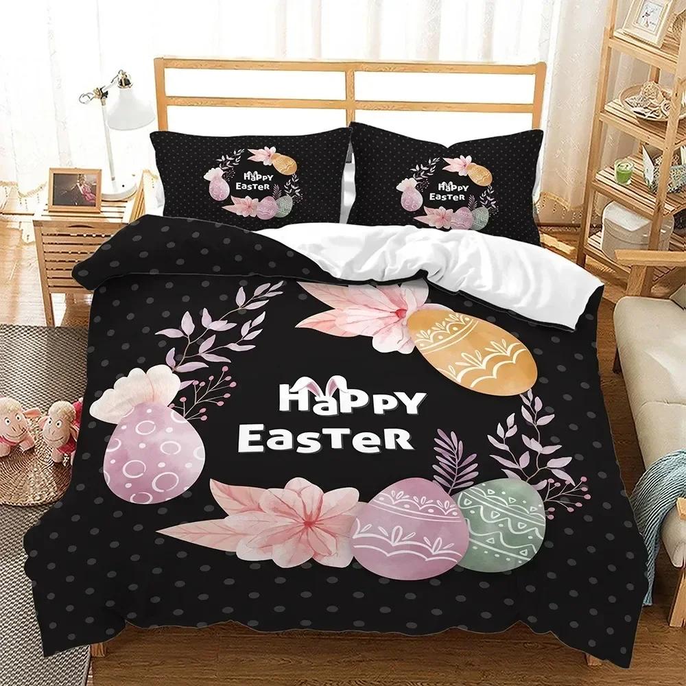 E-Easter Duvet Cover Set Single Twin Size Colorful E-Easter Eggs Nest Bunnies Theme Bedding Set Kids Boys Girls Polyester