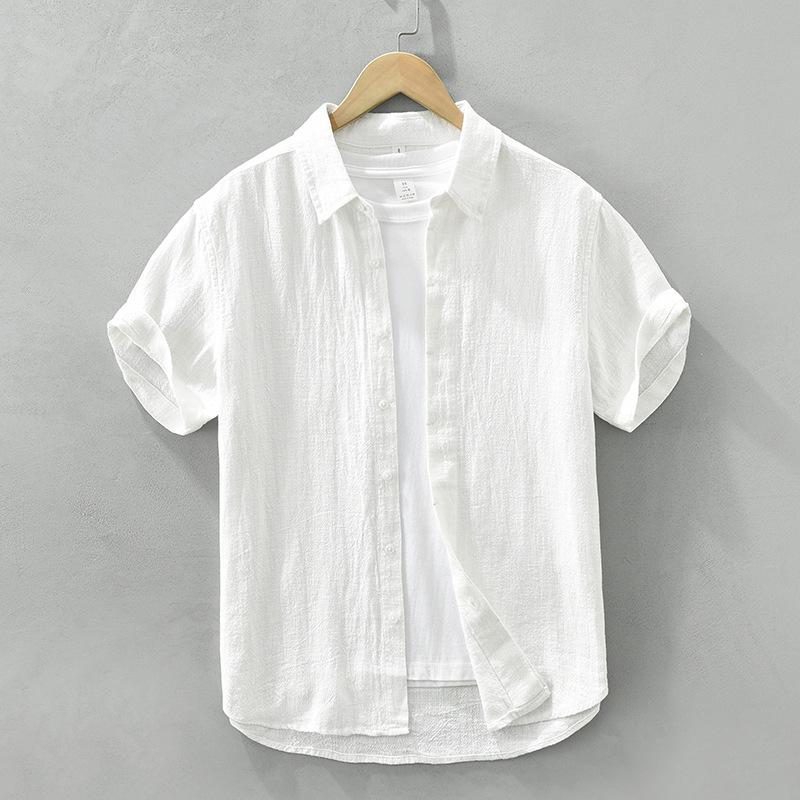 Summer Cotton Linen Short Sleeve Retro Casual Shirt with Turn-Down Collar