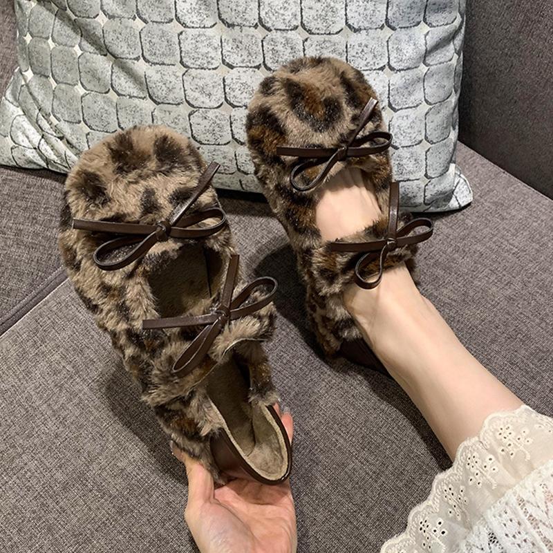 

Меховые банты неглубокие женские туфли Мэри Джейн короткие плюшевые модные хлопковые туфли 2025 тренд уютное платье зимние новые женские туфли Zapatillas 39 леопардовый