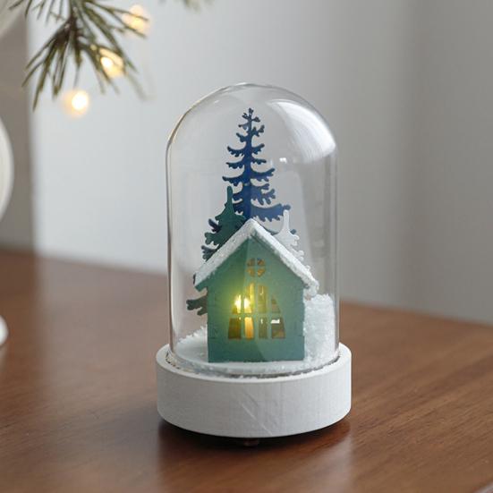 Christmas Dome Glass Ornament LED Light Up Reindeer Christmas Tree Little Church in Cloche Tabletop Decoration for Indoor Room Desktop Decor